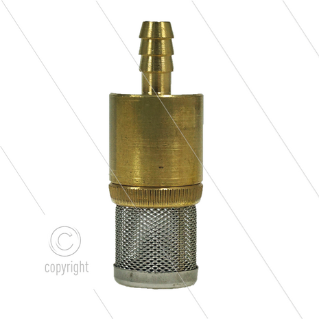 Chemiefilter - RVS zeef met messing aansluiting - RVS met klep - 300 m&micro; - 1,1 l/min - max 40&deg;C - slangpilaar 6 tot 8mm