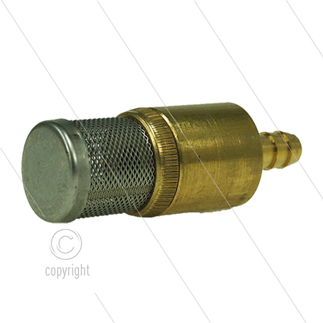 Chemiefilter - RVS zeef met messing aansluiting - RVS met klep - 300 m&micro; - 1,1 l/min - max 40&deg;C - slangpilaar 6 tot 8mm