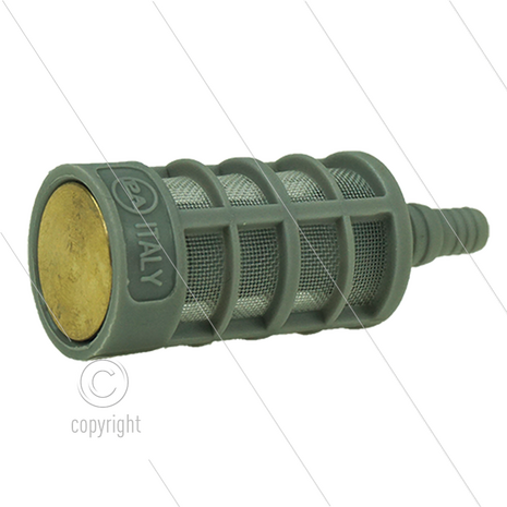 Chemiefilter - kunststof - grijs - messing verzwaard - RVS met klep - 355 m&micro; - 1,5 l/min - max 40&deg;C - slangpilaar 6 tot 8mm