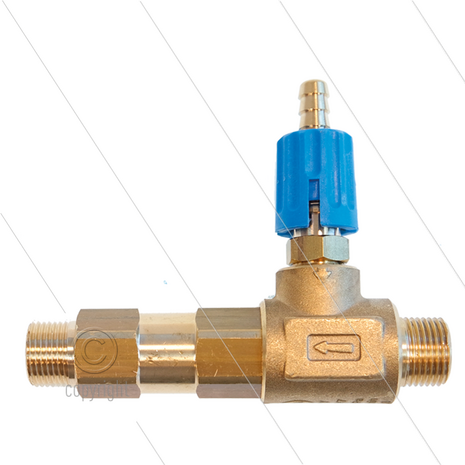 LS12 - Schuiminjector - messing - &Oslash;1.8mm (090) - 220 Bar - 28 l/min - max 90&deg;C - 2x 3/8&quot; bu - regelknop Blauw