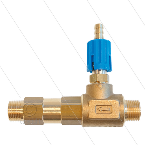 LS12 - Schuiminjector - messing - &Oslash;2.1mm (120) - 220 Bar - 35 l/min - max 90&deg;C - 2x 3/8&quot; bu - regelknop Blauw