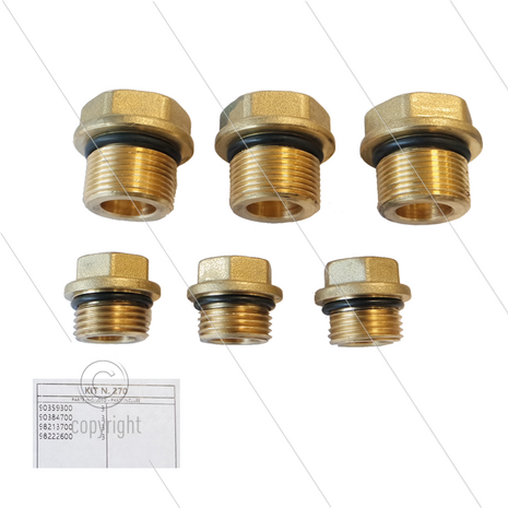 Kit 270 - Set kleppluggen + O-ring - messing - 3x M18x1.5x10 + 3x M24x1,5x16,7 - Serie 58 + E2