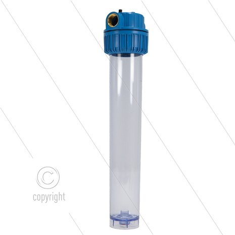 Patroonfilter 20&quot; - 2x 1&quot; bi - transparant glas - H=594mm - max 8,6 Bar - max 40&deg;C