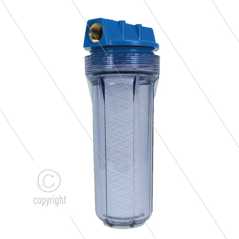 Patroonfilter 9&quot; - 2x 3/4&quot; bi - transparant glas - inclusief 20 m&micro; touwpatroon - 22 l/min - H=306mm - max 8,6 Bar - max 40&deg;C