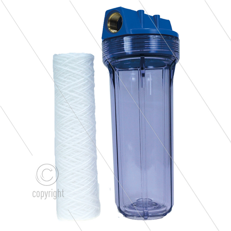 Patroonfilter 9&quot; - 2x 3/4&quot; bi - transparant glas - inclusief 20 m&micro; touwpatroon - 22 l/min - H=306mm - max 8,6 Bar - max 40&deg;C