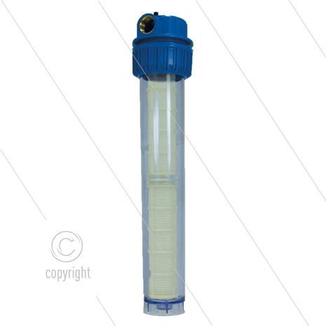 Patroonfilter 20&quot; - 2x 1&quot; bi - transparant glas - inclusief 2x 60 m&micro; gaaspatroon - 56 l/min - H=594 - max 8,6 Bar - max 40&deg;C