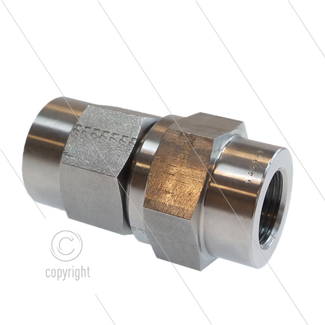Terugslagklep - RVS - 250 Bar - 5 tot 150 l/min - 200&deg;C - openingsdruk 1,0 Bar - 2 x 1 1/4&quot; bi