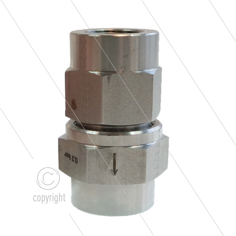 Terugslagklep - RVS - 250 Bar - 5 tot 150 l/min - 200&deg;C - openingsdruk 1,0 Bar - 2 x 1 1/4&quot; bi