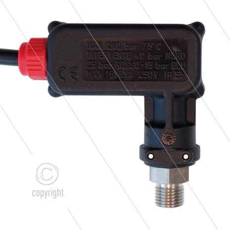 PR16 - Drukschakelaar - RVS - 1/4&quot; bu - inschakeldruk 25 Bar - max 250 Bar - (rode markering)