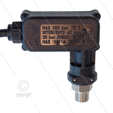 PR16 - Drukschakelaar - RVS - 1/4&quot; bu - inschakeldruk 40 Bar - max 250 Bar - (zwarte markering)