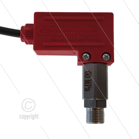 PR1 - Drukschakelaar - RVS - 3/8&quot; bu - inschakeldruk 25 Bar - max 600 Bar - (rode markering)