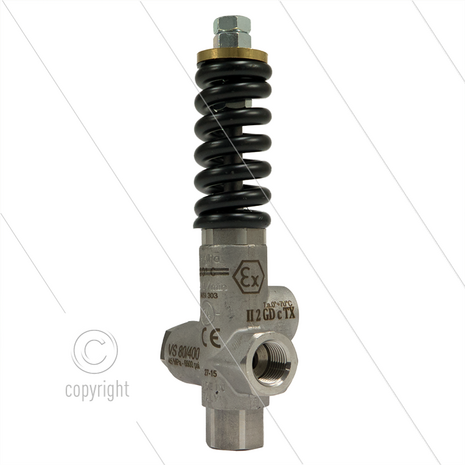 VS80/280 - veiligheidsventiel - RVS316 - ATEX - 280 Bar - 80 l/min - 70&deg;C - In: 1/2&quot; bi - Uit: 1/2&quot; bi - Bypass: 1/2&quot; bi - Viton afdichting