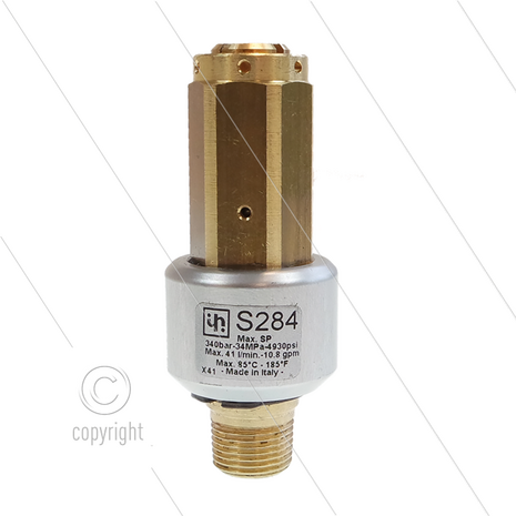 S284 - veiligheidsventiel - 50 tot 340 Bar - 7 tot 41 l/m - max 85&deg;C - In: 3/8&quot; bu - Bypass: &Oslash;10mm pilaar