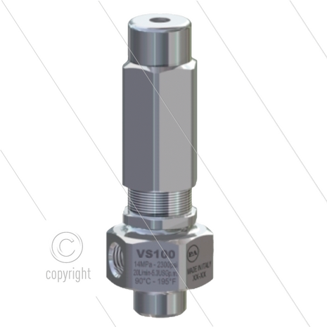 VS100 - veiligheidsventiel - RVS316 - 125 Bar - 20 l/min - max 90&deg;C - In: 2 x 1/4&quot; bi - Uit:1/4&quot; bi - met Viton afdichting