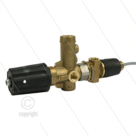 ST261 - drukregelautomaat met drukschakelaar - 250 Bar - 30 l/min - max 80&deg;C - In: 3/8&quot; bi - Uit: 3/8&quot; bi - Bypass: 1/4&quot; bi - manometeraansluiting: 1/4&quot; bi