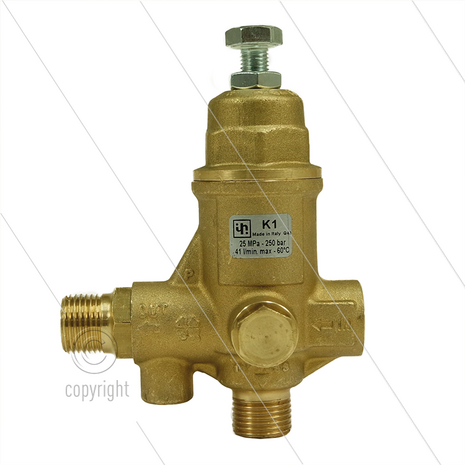 K1.0 - drukregelautomaat - 250 Bar - 9 tot 41 l/min - max 60&deg;C - In: 3/8&quot; bi - Uit: 1/2&quot; bu - Bypass: 1/2&quot; bu