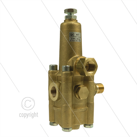 K7.2 - drukregelautomaat - 200 Bar - 16 tot 25 l/min - max 60&deg;C - In: 3/8&quot; bi - Uit: 3/8&quot; bu - Bypass: 3/8&quot; bi