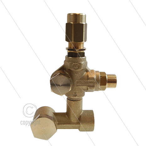 VB35 drukregelautomaat - Interpump serie E1 - E2 - E3 - 220 Bar - 25 l/min - 90&deg;C - In: 1/2&quot; bi/bu - Uit: 3/8&quot; bu - Bypass: inwendig - Uit: 3/8&quot; bu - Bypass: inwendig - X:19,5 - Y:57