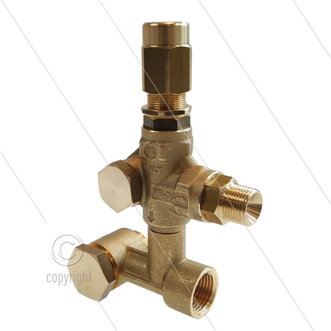 VB35 drukregelautomaat - Interpump serie E1 - E2 - E3 - 220 Bar - 25 l/min - 90&deg;C - In: 1/2&quot; bi/bu - Uit: 3/8&quot; bu - Bypass: inwendig - Uit: 3/8&quot; bu - Bypass: inwendig - X:19,5 - Y:57