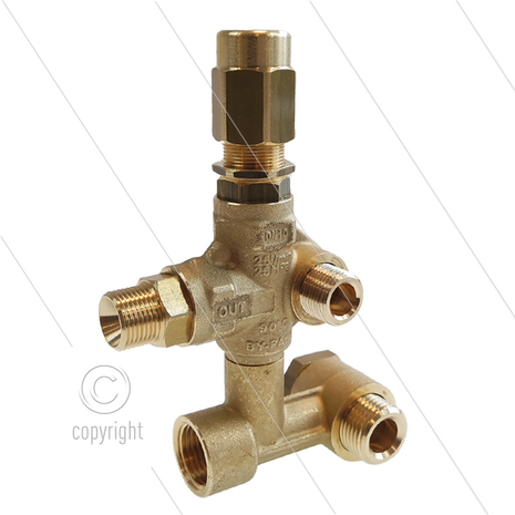 VB35 drukregelautomaat - Interpump serie E1 - E2 - E3 - 220 Bar - 25 l/min - 90&deg;C - In: 1/2&quot; bi/bu - Uit: 3/8&quot; bu - Bypass: inwendig - Uit: 3/8&quot; bu - Bypass: inwendig - X:19,5 - Y:57