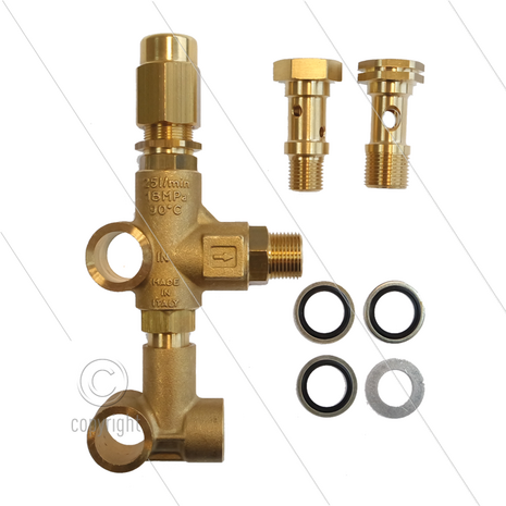 VB135 drukregelautomaat voor IP Serie 51 - 160 Bar - 25 l/min - max 90&deg;C - In: 3/8&quot; - Uit: 1/4&quot; - Bypass: inwendig - X:0 - Y:62