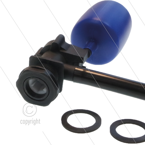 FV1-H Vlotterafsluiter - kunststof - blauw/zwart - incl. filter en stortpijpje - L=166mm - max 9 Bar - max 60&deg;C - 3/4&quot; bu - met extra afdichting