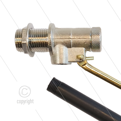 Vlotterafsluiter - messing - excl. drijver - L=255mm - 5 Bar - max 60&deg;C - 1/2&quot; bu - Debiet 1 Bar = 16 l/min - 5 Bar = 30 l/min - Schroefdraad t.b.v. vlotterbal 5/16&quot; bu