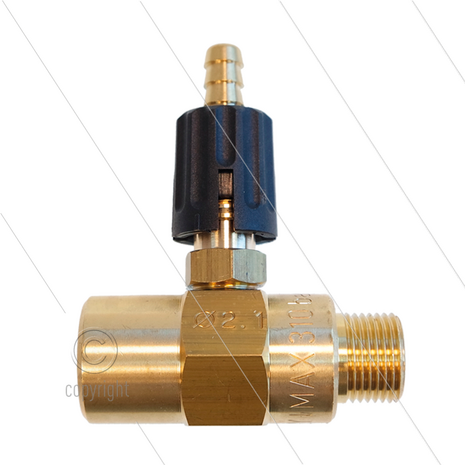 Chemicali&euml;n injector - messing - regelbaar - &Oslash;2.1mm (120) - 280 Bar - 30 l/min - max 90&deg;C - 3/8&quot; bi x 3/8&quot; bu