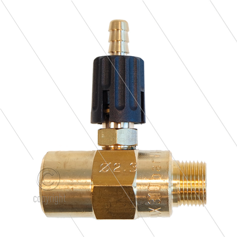 Chemicali&euml;n injector - messing - regelbaar - &Oslash;2.3mm (150) - 280 Bar - 30 l/min - max 90&deg;C - 3/8&quot; bi x 3/8&quot; bu