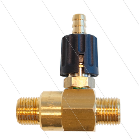 Chemicali&euml;n injector - messing - regelbaar - &Oslash;2.1mm (120) - 280 Bar - 30 l/min - max 90&deg;C - 2 x 3/8&quot; bu