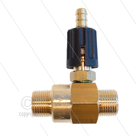 Chemicali&euml;n injector - messing - regelbaar - &Oslash;2.3mm (150) - 280 Bar - 30 l/min - max 90&deg;C - 2 x 3/8&quot; bu