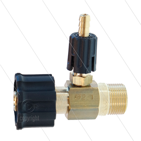 Chemicali&euml;n injector - messing - regelbaar - &Oslash;2.1mm (120) - 220 Bar - 30 l/min - max 90&deg;C - M22 bu x M22 W