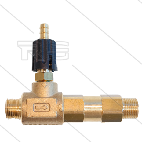 Chemicali&euml;n Injector - messing - instelbaar - lagedruk - &Oslash;1,55mm - 1,5 tot 12 Bar - 2 x 3/8&quot; bu