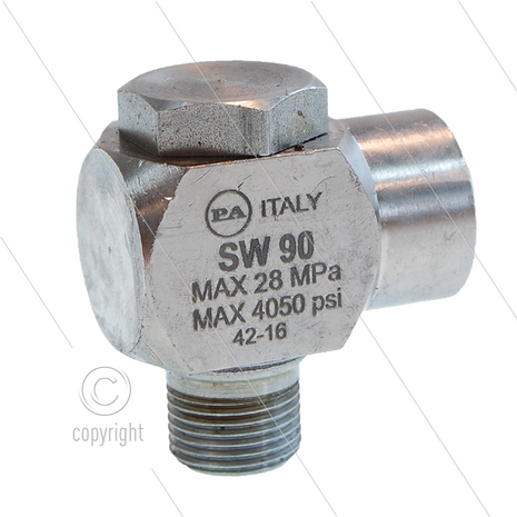 SW90 - Swivel - haaks - Messing / RVS - 250 Bar - 40 l/min - max 90&deg;C - 30 tpm - 3/8" bu x 1/4" bi