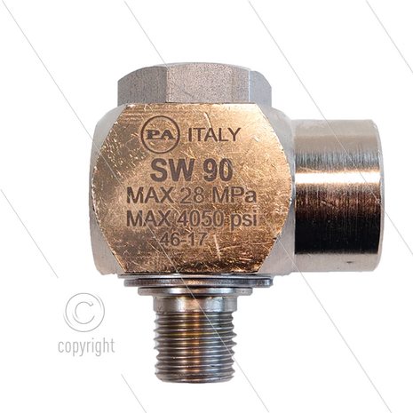 SW90 - Swivel - haaks - Messing / RVS - 250 Bar - 40 l/min - max 90&deg;C - 30 tpm - 1/4" bu x 1/4" bi