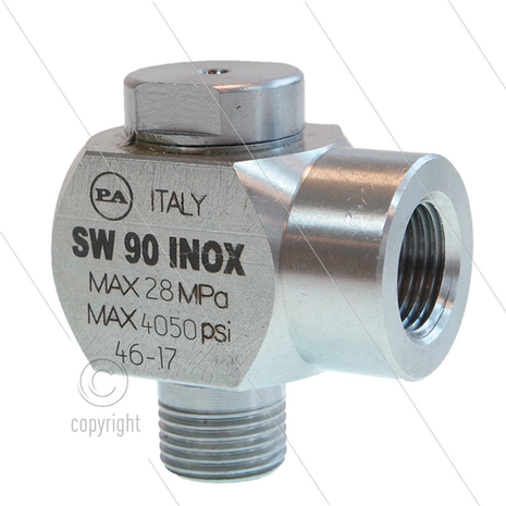 SW90 - Swivel - haaks - Messing / RVS - 250 Bar - 40 l/min - max 90&deg;C - 30 tpm - 1/4" bu x 1/4" bi