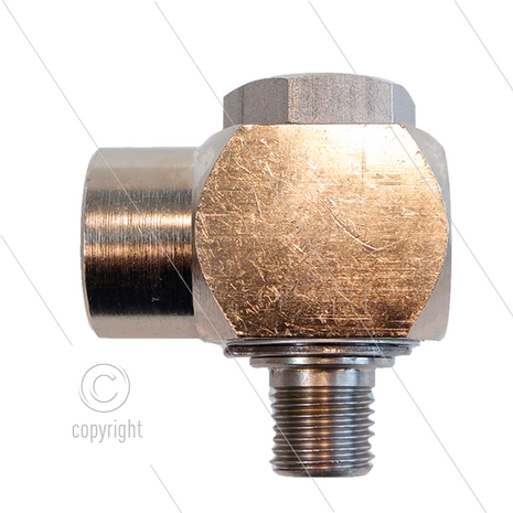 SW90 - Swivel - haaks - Messing / RVS - 250 Bar - 40 l/min - max 90&deg;C - 30 tpm - 1/4" bu x 1/4" bi