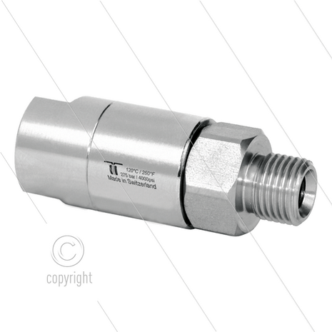 DGS Swivel - recht - 2 lagers - 1/4" bi x 1/4" bu - 275 Bar - NW6 - 30 tpm - max 120&deg;C - Afdichting NBR - Huis: messing vernikkeld - Binnenwerk: RVS