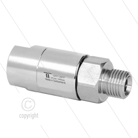 DGS Swivel - recht - 2 lagers - 1/4" bi x 3/8" bu - 275 Bar - NW6 - 30 tpm - max 120&deg;C - Afdichting NBR - Huis: messing vernikkeld - Binnenwerk: RVS
