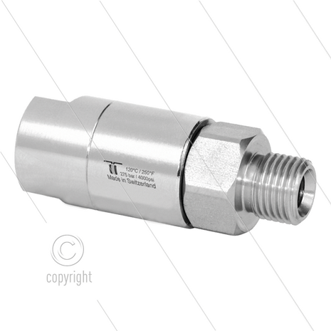DGS Swivel - recht - 2 lagers - 3/8" bi x 3/8" bu - 275 Bar - NW6 - 30 tpm - max 120&deg;C - Afdichting NBR - Huis: messing vernikkeld - Binnenwerk: RVS