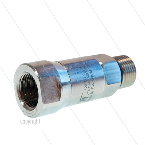 DGS Swivel - recht - 2 lagers - 3/8" bi x 3/8" bu - 275 Bar - NW6 - 30 tpm - max 120&deg;C - Afdichting NBR - Huis: messing vernikkeld - Binnenwerk: RVS