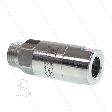 DGS Swivel - recht - 2 lagers - 1/4" bi x M16x1,5 bu - 275 Bar - NW6 - 30 tpm - max 120&deg;C - Afdichting NBR - Huis: messing vernikkeld - Binnenwerk: RVS